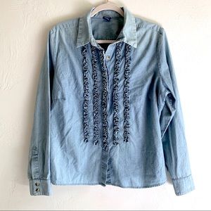 Blue Cotton Chambray Long Sleeve Shirt Button Up